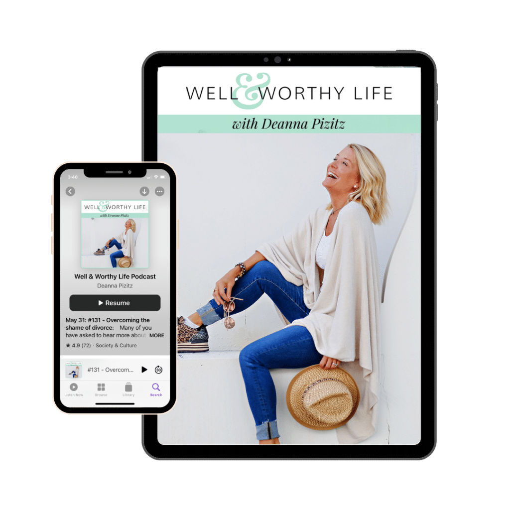 Well and Worthy Life podcast cover mockup with woman sitting and laughing on an iPad and phone screen