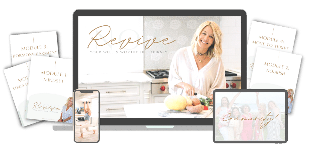 Revive Now menopause coaching program with module mockups on computer and phone screens